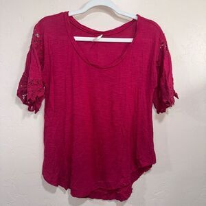 Free People Pink Lace Sleeve Tee